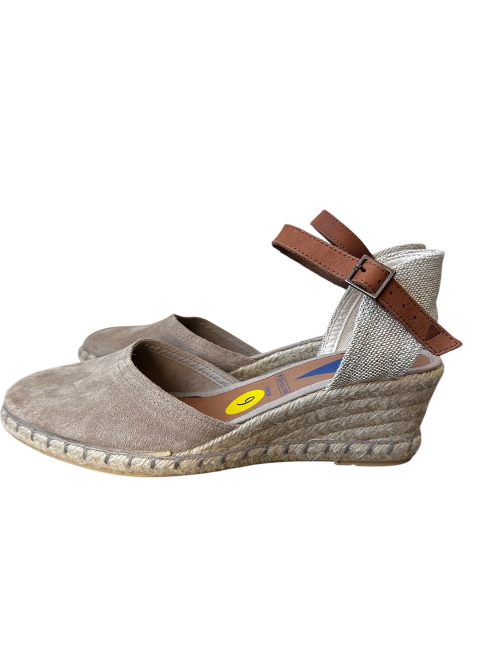 Verbenas Espadrille Wedge Sandals with Taupe Suede Upper and Brown Ankle Strap